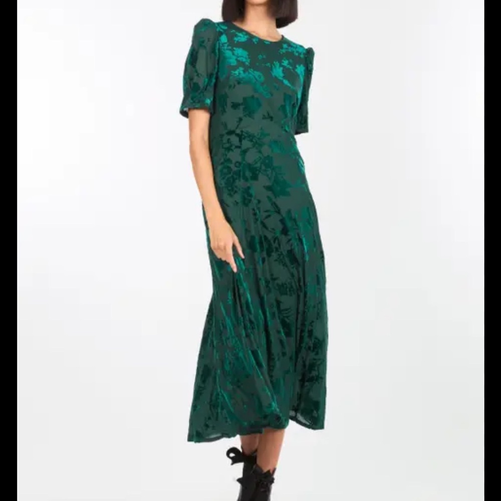 Super Natural  emerald green floral flocked velvet midi dress  puff sleeves xs